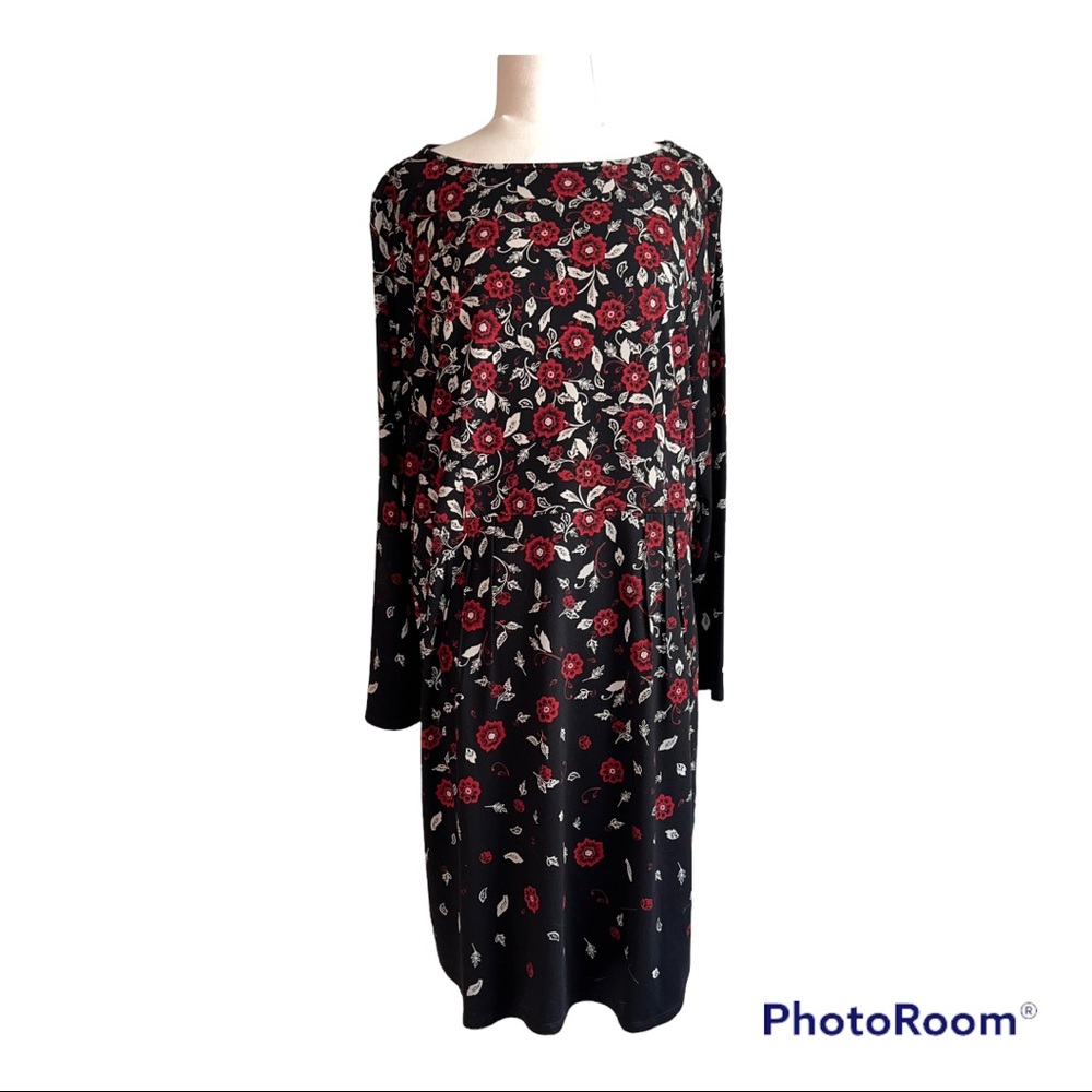 J. Jill Wearever Knit Dress XL Ombré Black & Red Flowers Stretch Waist Pleat